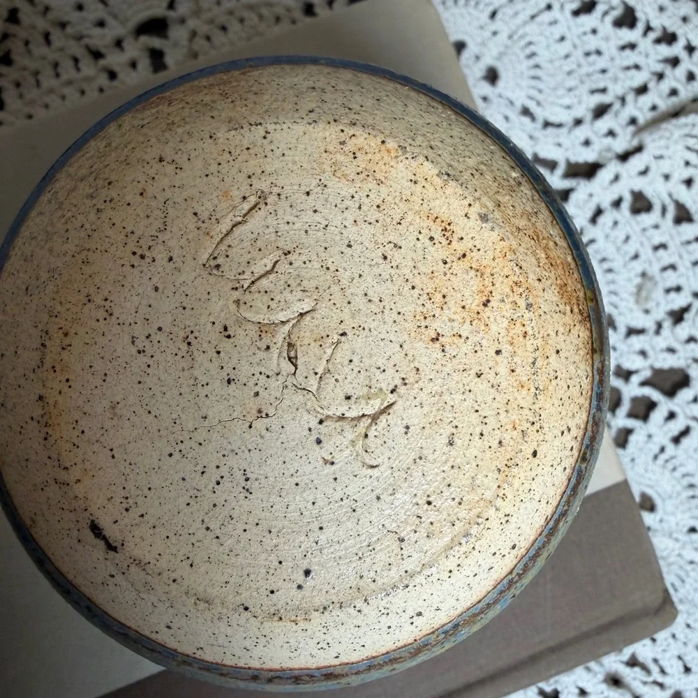 Studio Pottery Bud Vases Set 2 Signed Hand Thrown Ceramic Tan Blue Salt Glaze